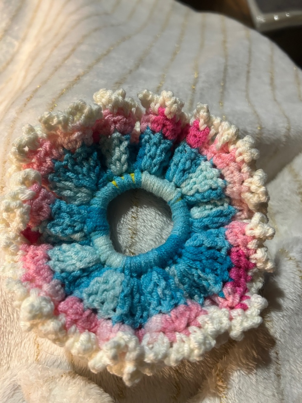 Hand Crafted Multi-Color Crochet Ruffled Hair Scrunchie - Blue, Pink, Cream